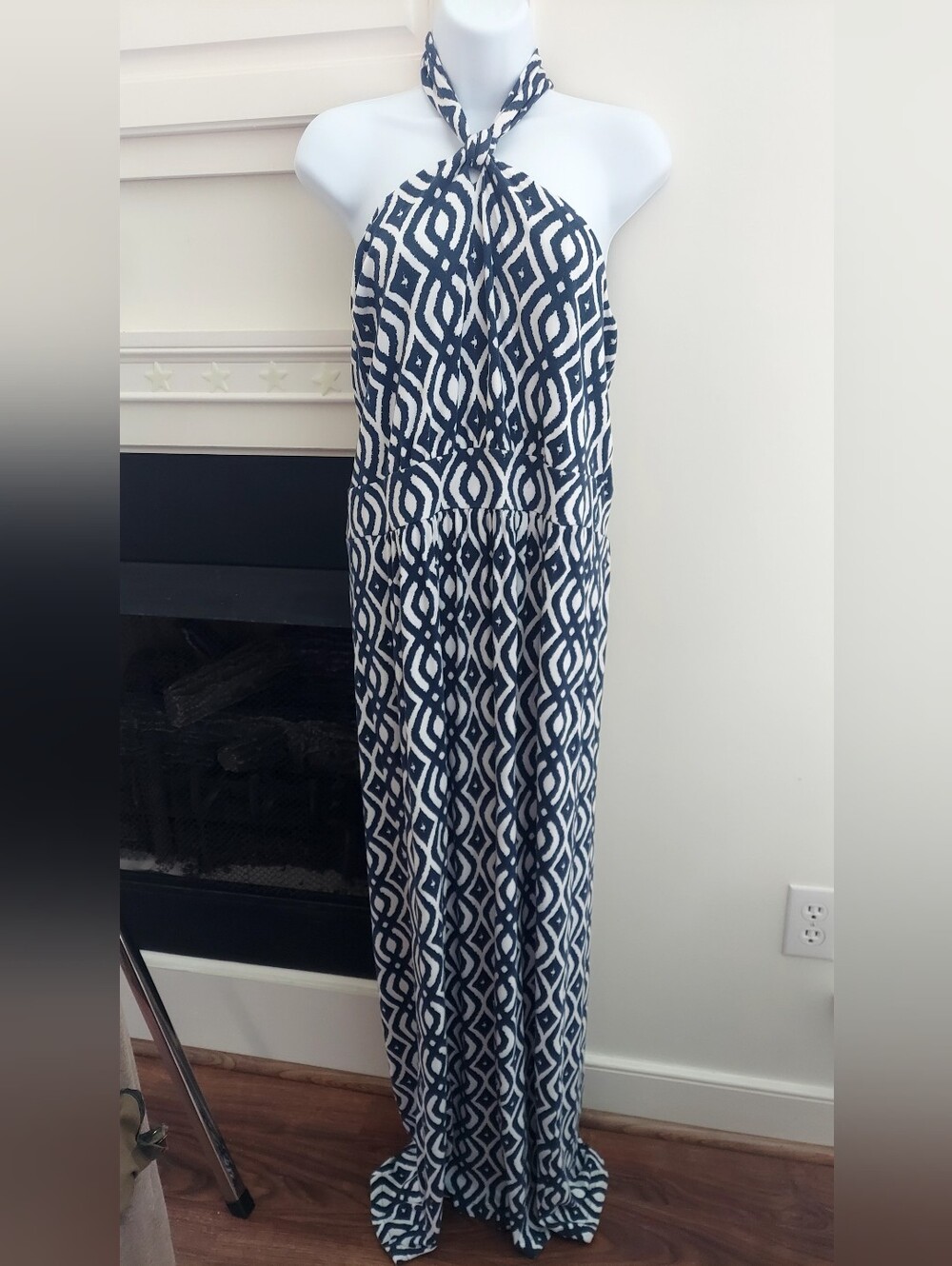 Sleeveless Navy & White Halter Maxi Dress